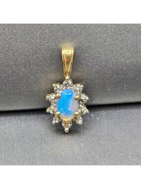 Vintage 10k Gold Opal Diamond Pendant Sunburst Halo Genuine Gemstone Signed